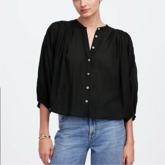 Madewell Tops - Madewell Shirred Crewneck Balloon Sleeve Button Up Peasant Blouse in Black, XXS